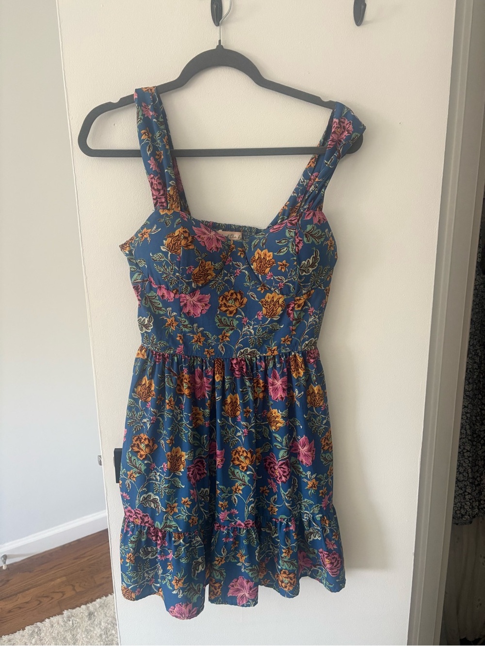 Floral Blue Mini Dress with Pink & Gold Blooms